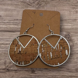 Cork & Silver Tone Circle Drop Earrings NWOT